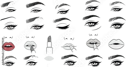 Illustration of various eye makeup styles and lip makeup application techniques on a grid layout