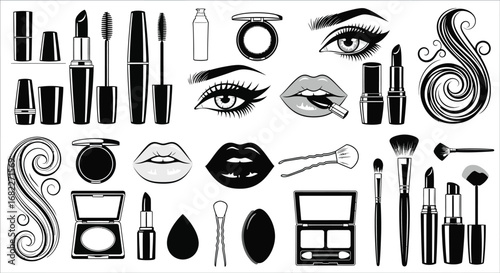 A black and white vector illustration of various makeup and beauty related items in a grid layout