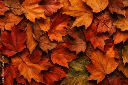 Colorful autumn maple leaves in shades of orange, red, and brown. Seasonal texture perfect for fall, harvest, or natural-themed designs.