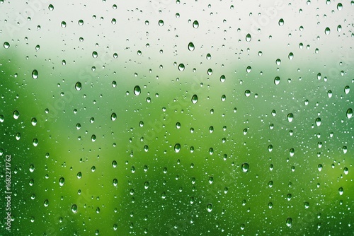 Macro view of raindrops on a window with a blurred green background. Fresh rainy atmosphere perfect for nature, weather, or emotional concept visuals.