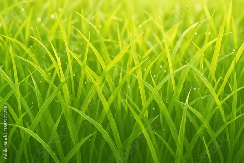 Fresh green grass field close-up with dew drops. Vibrant spring or summer nature texture for eco-friendly and outdoor background concepts.