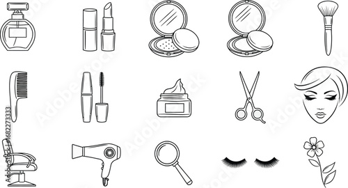 Vector illustration of beauty and personal care items in black and white outline style set on gray