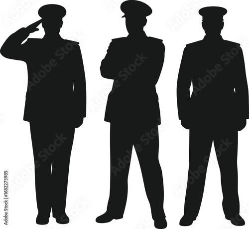 Silhouette of Three Military Men in Uniform Standing and Saluting – Vector Illustration for Army, Soldier, Veteran, and Patriotic Themes