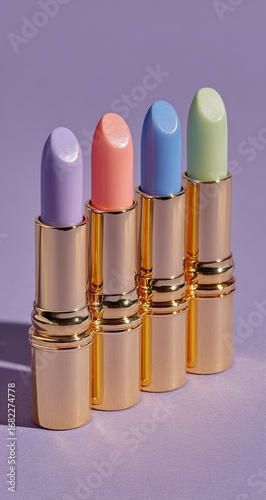 Four pastel lipsticks in gold cases, arranged on a purple background