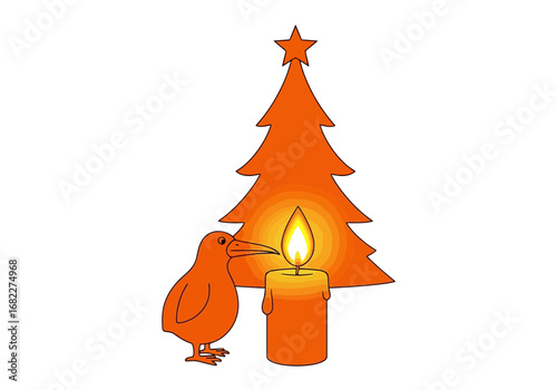 Vector art of cute cartoon kiwi bird standing next to a lit candle and a christmas tree