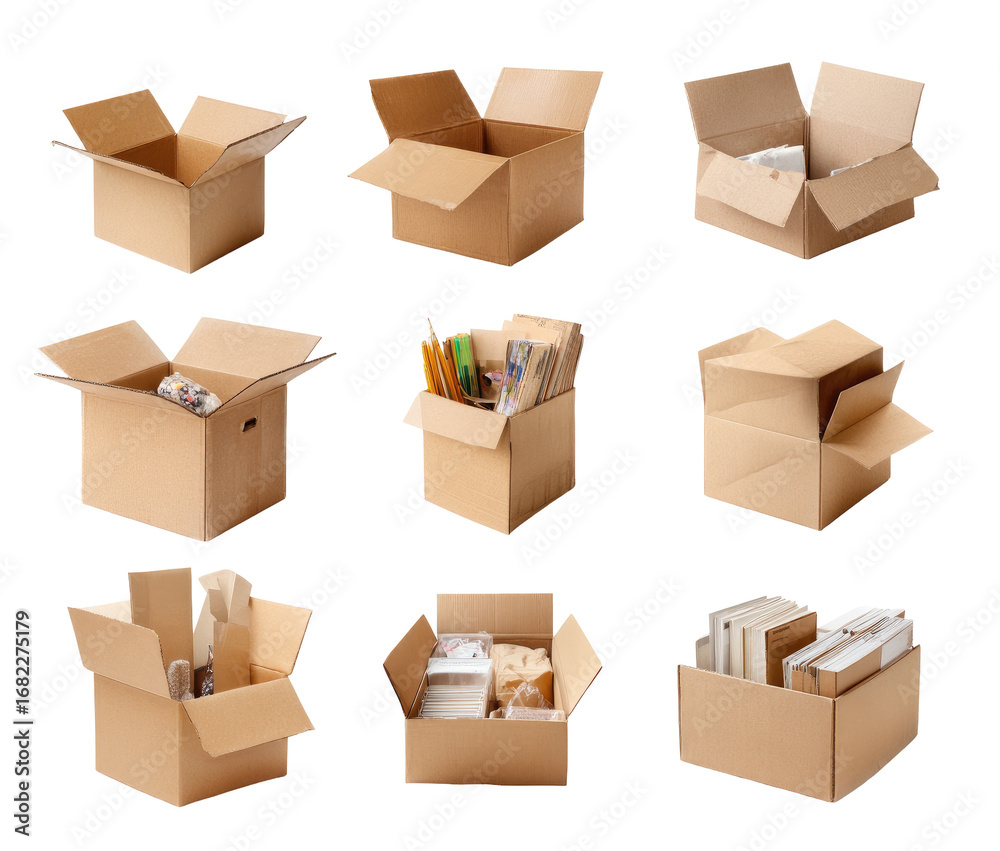 Fototapeta premium Nine open cardboard boxes, various contents