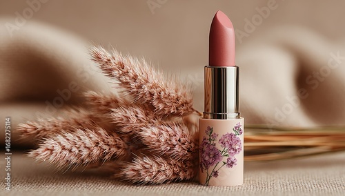 Pink lipstick tube rests on fabric near dried flowers