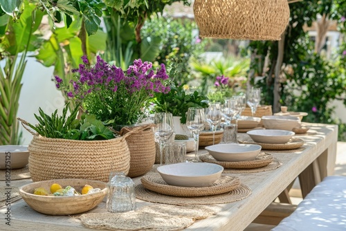 A sun-drenched outdoor dining scene features a long wooden table set with woven placemats, light-colored plates, and glassware.  