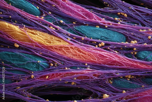 Histological section of connective tissue showing collagen fibers and scattered fibroblasts.