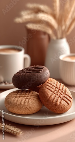 Three cookies, two coffee cups, and wheat on a table