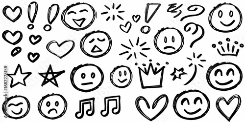 Collection of hand drawn doodle icons featuring smiley faces hearts stars crowns and music notes