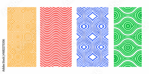 Four vibrant abstract geometric patterns featuring concentric circles wavy lines and optical illusion designs