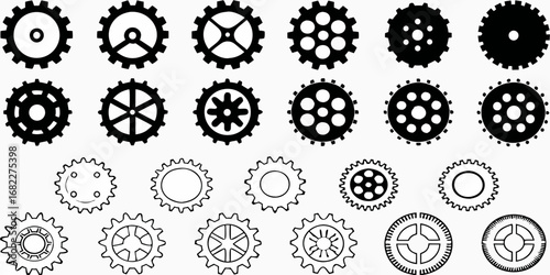 Collection of diverse mechanical gears and cogs in various styles and designs