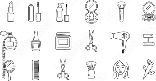 Collection of outline style beauty and grooming icons including makeup and hair tools on white background