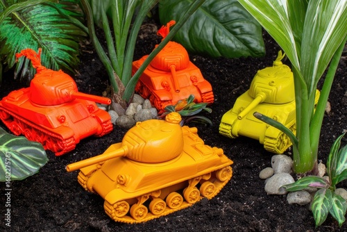 Four colorful toy tanks nestled amongst lush greenery in dark soil