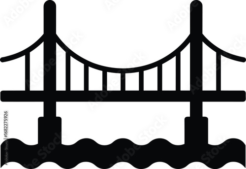 Silhouette vector of suspension bridge over water with modern architectural design, perfect for infrastructure, cityscape, and travel illustrations.