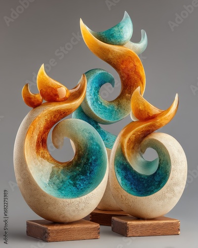 Two abstract sculptures, swirling forms in amber, turquoise, and cream