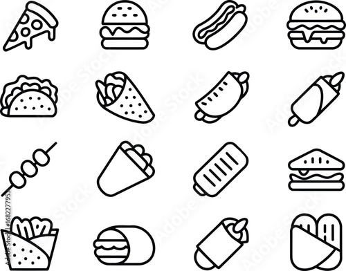 Delicious Assortment of Fast Food Icons Featuring Pizza, Burgers, Hot Dogs, Tacos, Skewers, and Wraps Conveying Variety and Culinary Delights