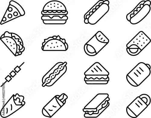 Diverse Selection of Fast Food Icons Displaying Common Menu Items and Representing a Variety of Cuisines and Popular Treats