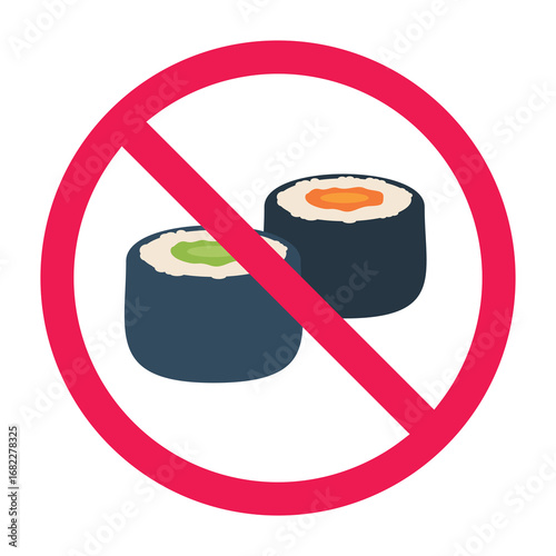Forbidden sign with sushi roll icon, no sushi sign, maki sushi prohibited symbol, rolled sushi restriction icon, flat vector illustration