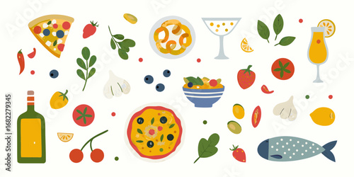 A vibrant collection of italian food and drink illustrations including pizza pasta cocktails and fresh ingredients