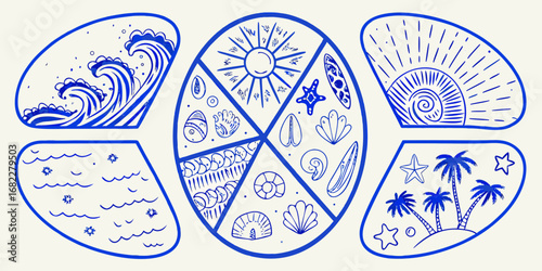 Blue hand drawn beach and ocean elements arranged in a circular pattern with surrounding motifs