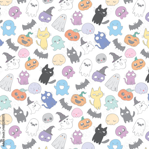 halloween seamless pattern with cats, pumpkins, ghosts, skulls on white background