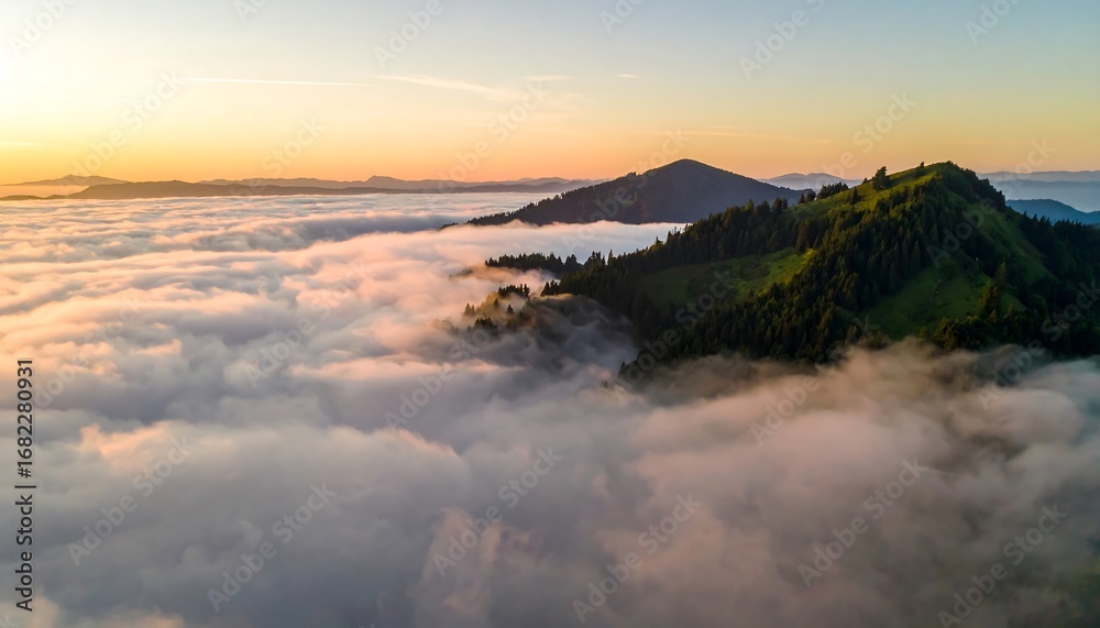 Fototapeta premium Sunrise over a mountain range shrouded in clouds (1)