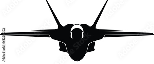 Front view silhouette of a modern stealth fighter jet airplane, military aircraft, advanced aviation technology, speed, power, precision, and air superiority design.