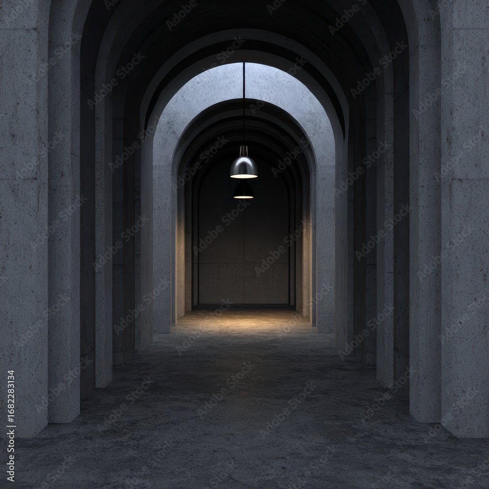Fototapeta premium Dark, arched concrete hallway