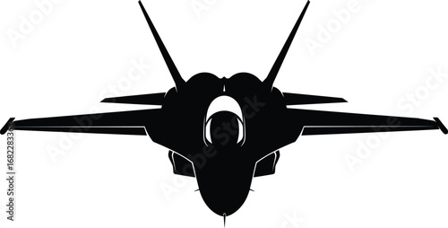 Front view silhouette of a modern fighter jet airplane, military aircraft, aviation technology, speed, power, precision, and air combat readiness.