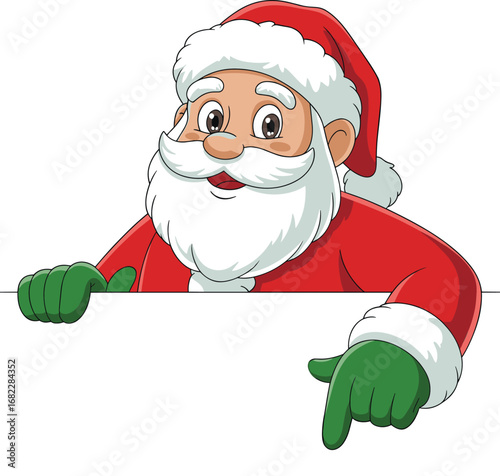 Cartoon Santa Claus smiling, festive Christmas character, holiday mascot pointing down, red suit, white beard, green gloves, cheerful Santa illustration, winter seasonal design, Xmas greeting card