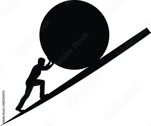 Silhouette of a man pushing a huge round boulder uphill on steep slope, symbolizing perseverance, struggle, determination, motivation, and hard work.
