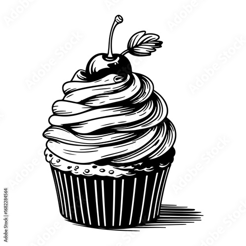 Vintage cupcake artwork, suitable for confectionery branding, restaurant menu cards, birthday invitations, bakery advertisements, food blog designs, and cake shop logos.