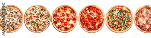 Variety of pizzas, various toppings