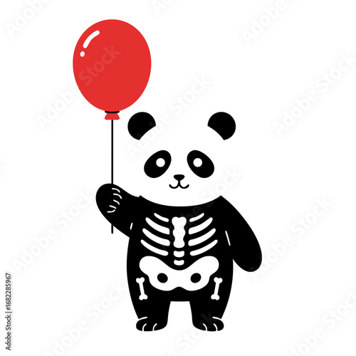 Cute cartoon panda in a festive skeleton costume holding a vibrant red balloon, ready for a playful celebration