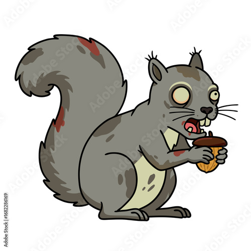 Zombie Squirrel Cartoon Holding Acorn Isolated on White Background