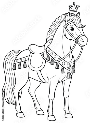 Horse illustration wearing a royal crown and ornate saddle with decorative tassels drawn in elegant line art style perfect for adult coloring pages, creative vector artwork, and decorative prints