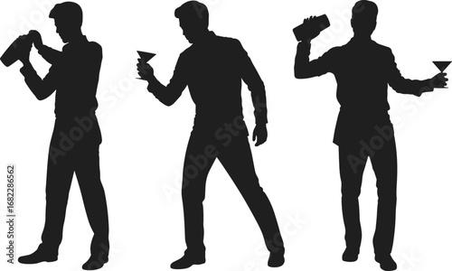 Silhouette Vector Illustration of Male Bartender Mixing Drinks and Holding Cocktail Glasses for Nightlife, Party, Bar Service, and Celebration