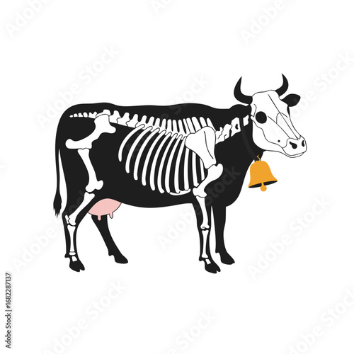 Stylized illustration revealing the internal skeletal structure of a farm cow, depicting bovine anatomy for educational purposes