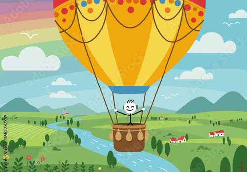 A cartoon hot air balloon carrying a stick figure soars over a green landscape with a river