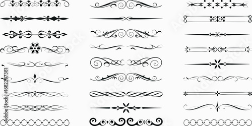 Collection of elegant black decorative ornamental dividers and borders with floral and swirl elements