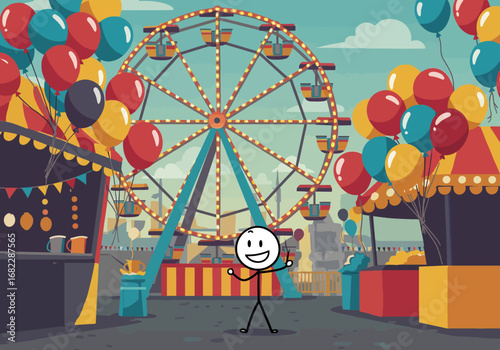 A Ferris wheel and game booths are behind a cartoon stick figure with balloons in a fair or festival setting
