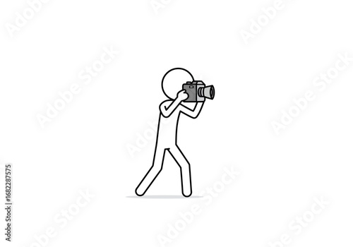 A minimalist figure holds a camera appearing to take a photograph