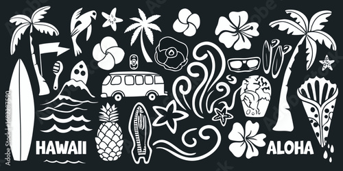 Collection of hawaiian themed doodles including surfboards palm trees flowers pineapple van and aloha text