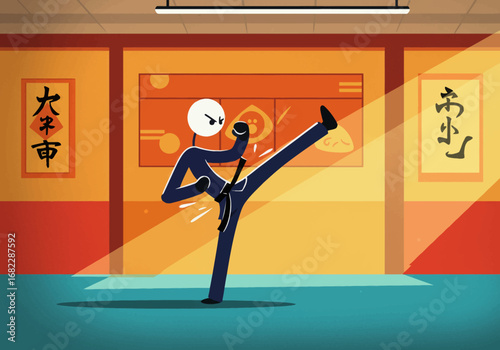 A flatstyle stick figure kicks in a martial arts dojo with Japanese calligraphy wall art
