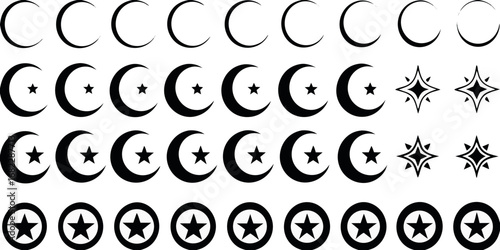 Collection of islamic crescent moon and star symbols with celestial starbursts and circular star emblems