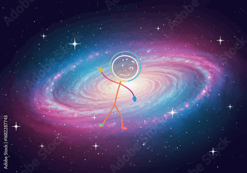 A rainbow stick figure astronaut winks while floating in a colorful galaxy with shining stars