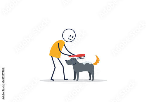 A stick figure brushes a soapcovered gray dog with an orange tail
