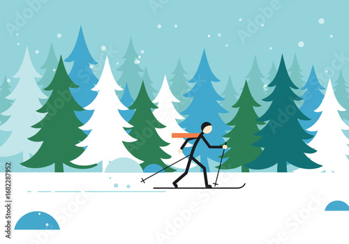 A stick figure crosscountry skis across a snowy landscape amidst stylized evergreen trees